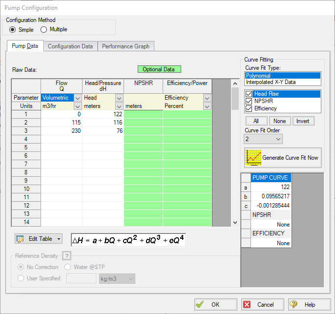 The Pump Configuration window with pump curve data entered.